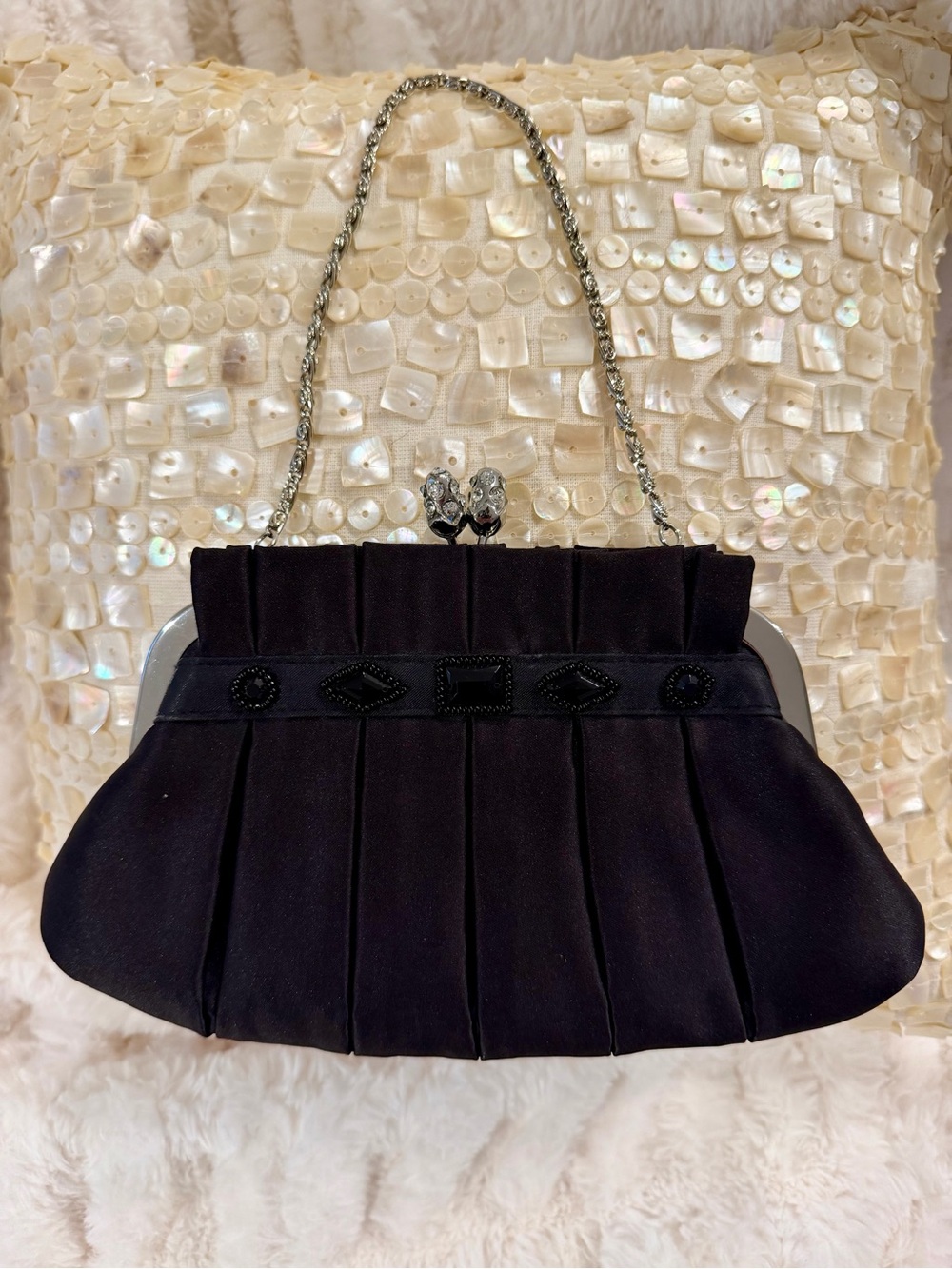 Metaphor Black Satin Pleated Evening Clutch with Chain